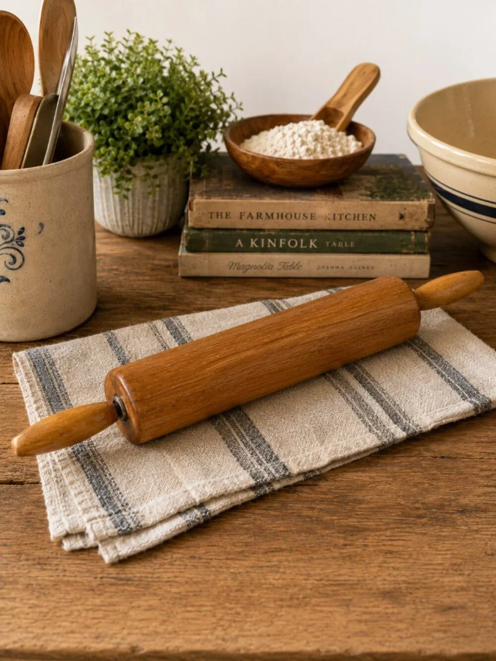 Vintage Wooden Rolling Pin – Rustic Farmhouse Kitchen Baking Tool
